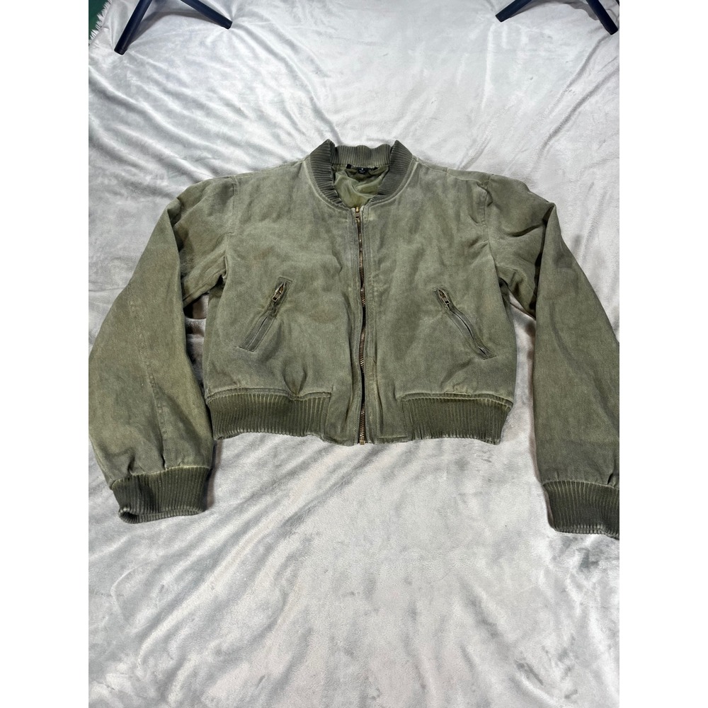 Blu Pepper Cotton Olive Green Bomber Jacket with Ribbed Collar and Sleeves Sz Sm